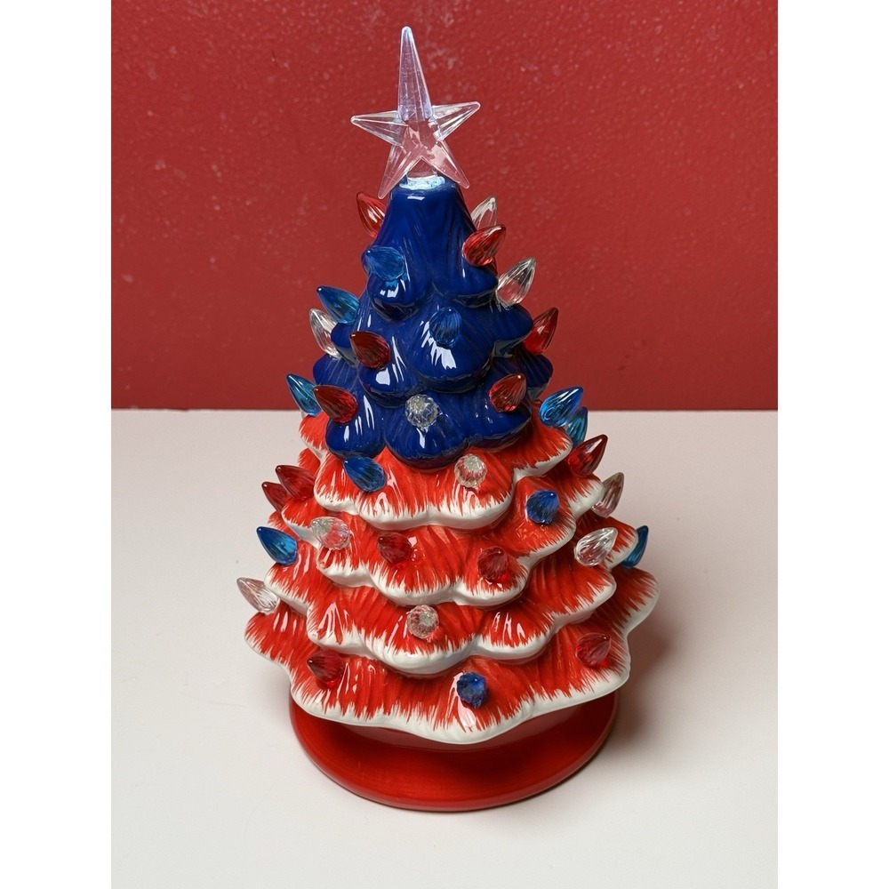 Red White Blue Ceramic Lighted Tree 4th of July USA Patriotic Battery Operated